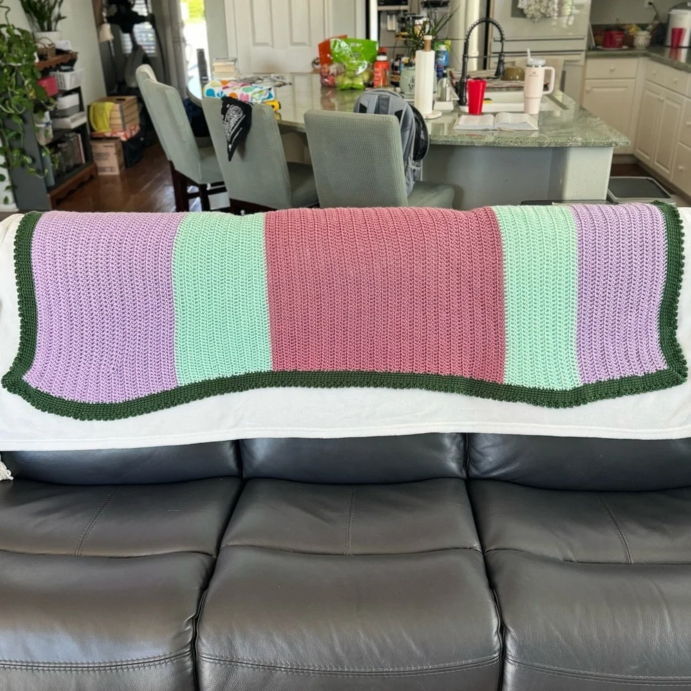 Beautiful Hand Knit Crochet Afghan Throw Blanket Purple and Green 64”x29”